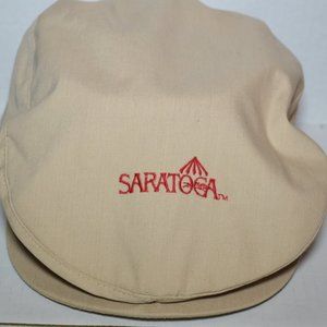 Newsboy/Driving Style Mens Cap Tan Says Saratoga in Red Lettering Front One Size